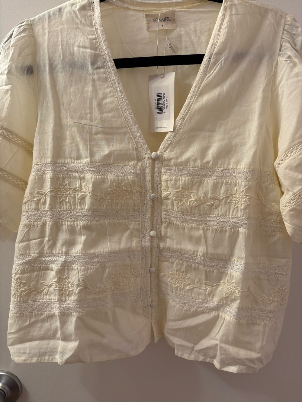 Sonmer Boho Embroidered V-Neck Short Sleeve Top - Cream Kala Ecru Small - Picture 2 of 7